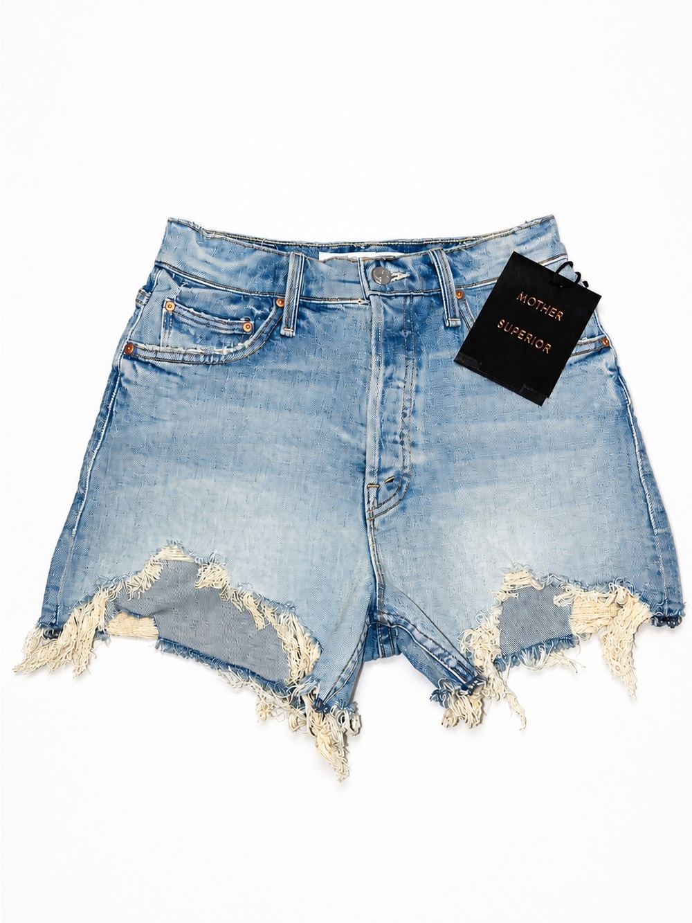 MOTHER Tomcat Kick Fray Shorts Ultra High Waist Distressed Sz 25 NWT Light Wash